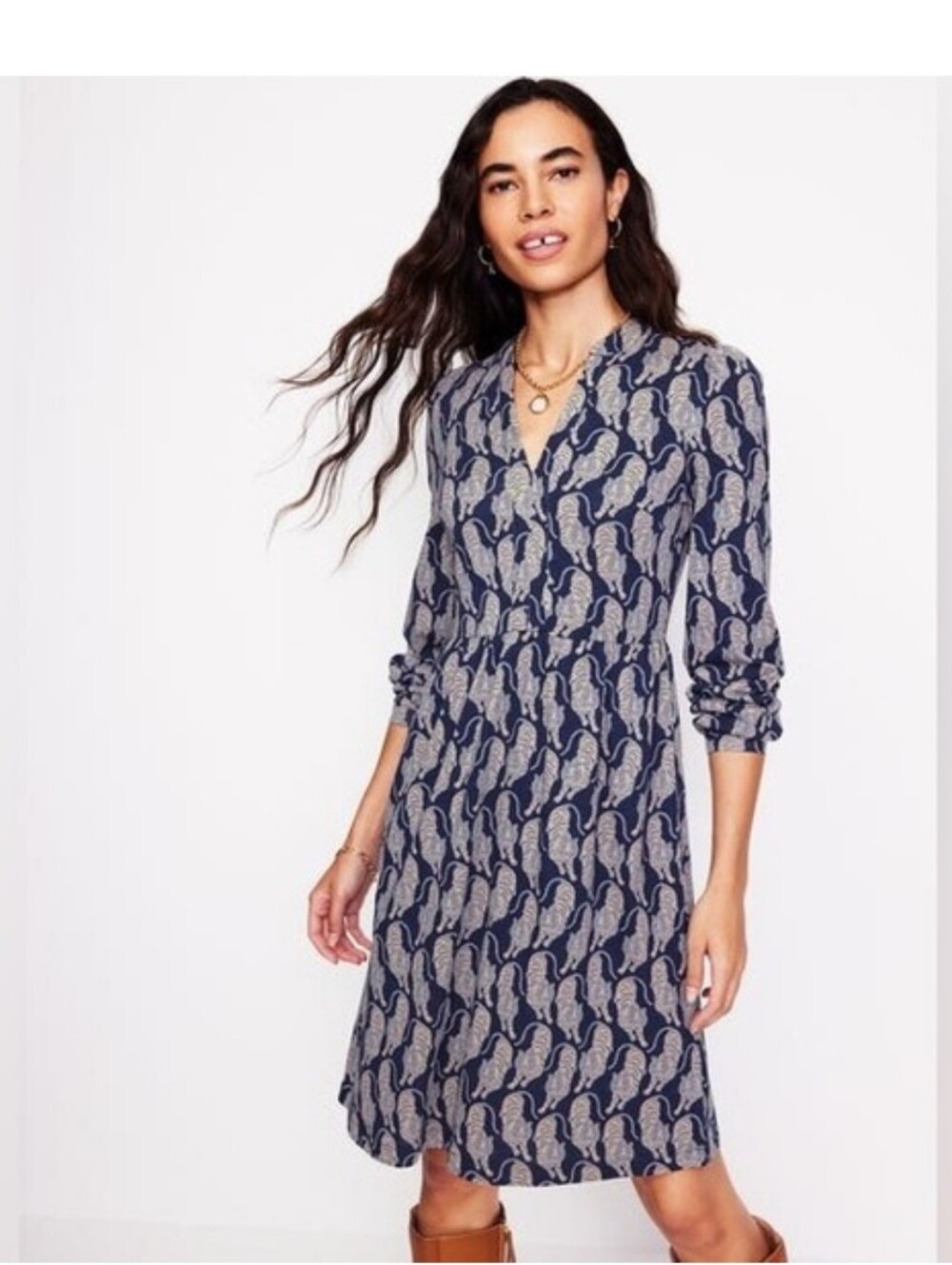 Boden Navy and Cream Long-Sleeve V-Neck Printed Dress